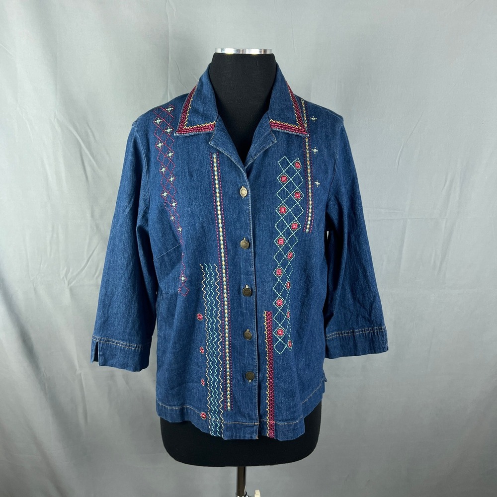 City Blues By Koret Denim Jacket Womens 10 Blue Embroidered Cotton Button Front